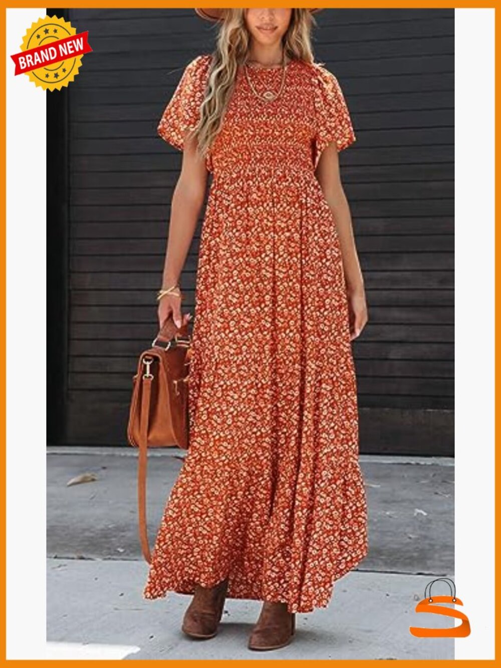 Flutter Short Sleeve Smocked Tiered Maxi Dress Boho Floral Casual Summer - Picture 4 of 7